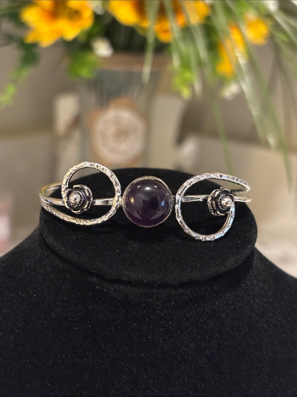 Silver Spiral Cuff Bracelet with Purple Amethyst Gemstone - Adjustable